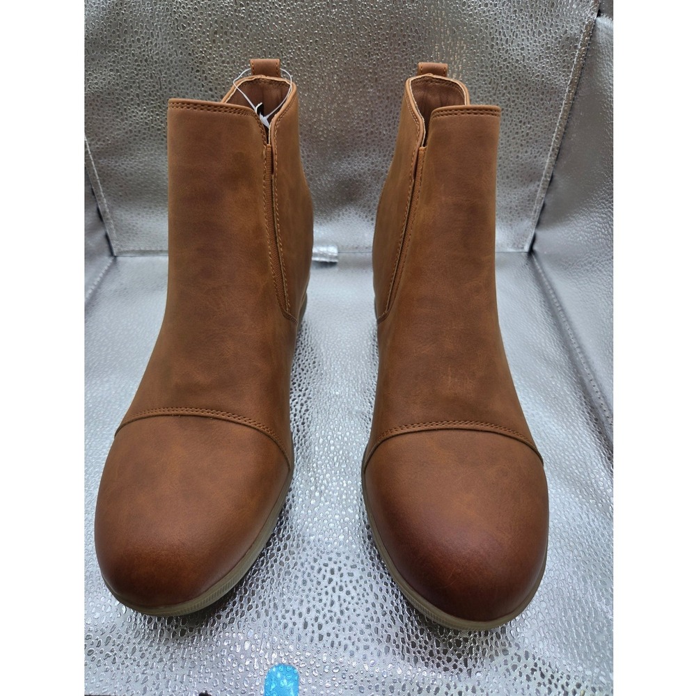 Athlefit Women Wedge Ankle Boots Cognac Brown Cap Toe Hidden Heel Booties Sz 10